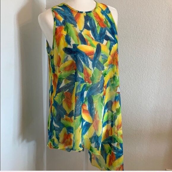 Feather Print Asymmetrical Tank Size L Green Blue Kay Celine Boho Hippie - Picture 3 of 8